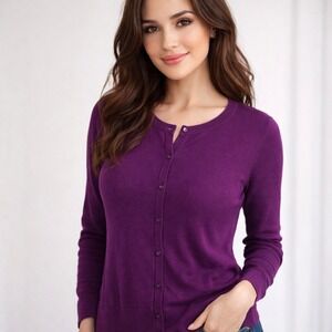 Halogen Dark Purple Crew Neck Button 3/4 Sleeve Cardigan Sweater Women's XL NWT